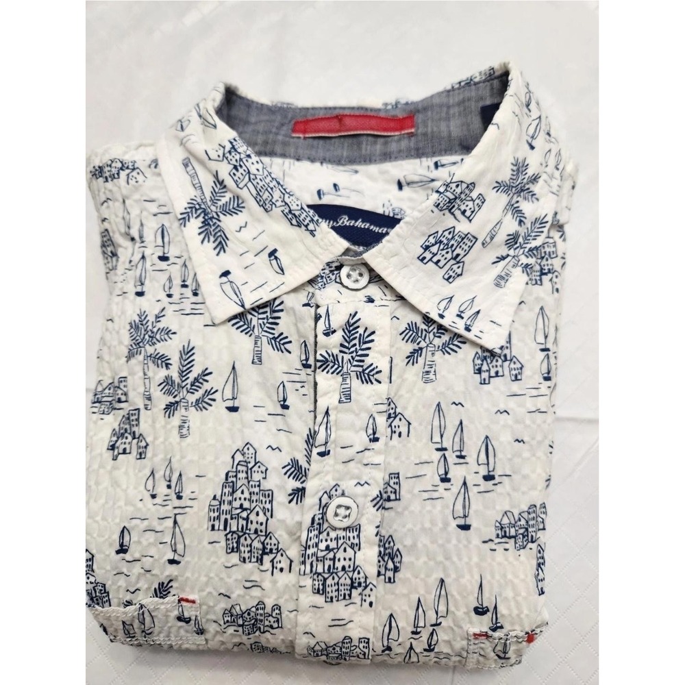 Tommy Bahama Shirt Mens Medium White Seersucker Nautical Print AOP Button Up